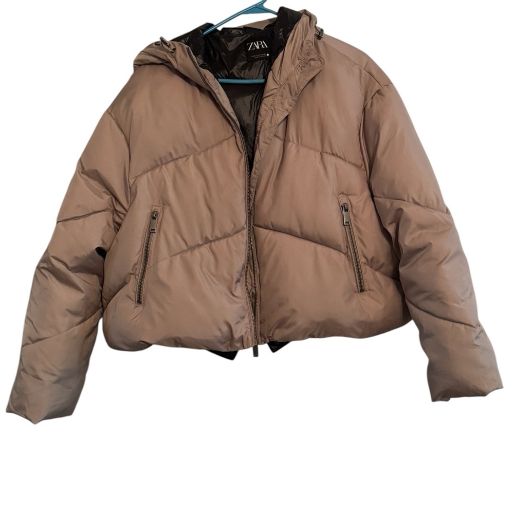 Zara Cropped Puffer Jacket Hooded Taupe Neutral Size M